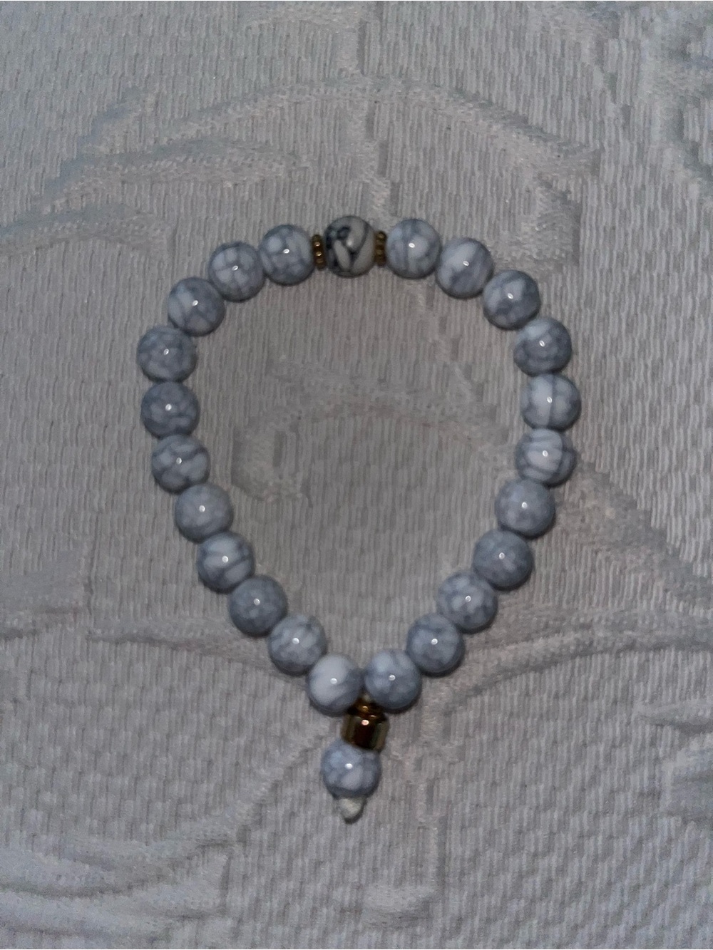 White Marble Beaded Stretch Bracelet with Gold Accent
